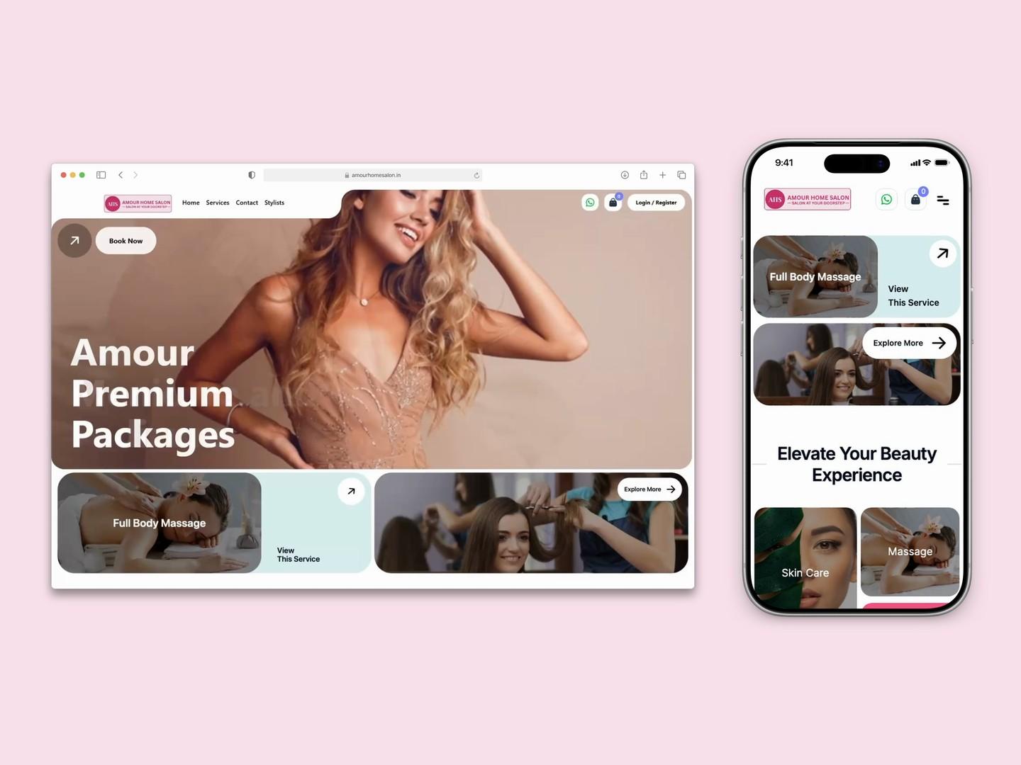 Amour Home Salon's site in a desktop browser and on a phone: the Amour Premium Packages hero over the service cards