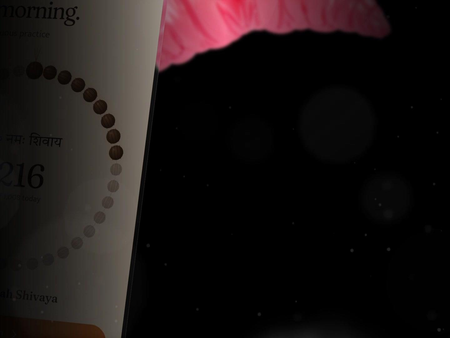 Japa among pink petals on black, moving from the Today screen (216 of 1,008 repetitions of Om Namah Shivaya around a rudraksha mala) to the counter and a lotus in full bloom