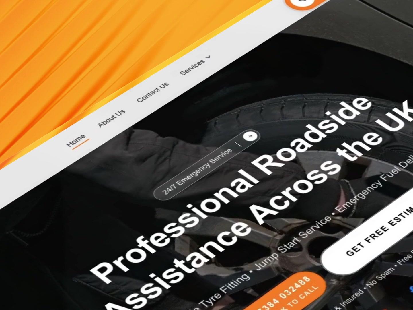 RoadAssist 24's home page tilted in a glass frame on orange glass: “Professional Roadside Assistance Across the UK” over a mechanic at work