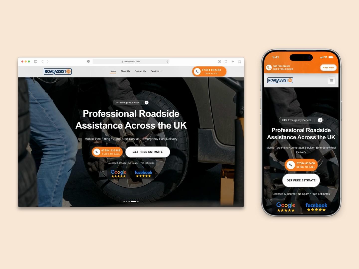 RoadAssist 24's site in a desktop browser and on a phone: “Professional Roadside Assistance Across the UK” over a mechanic at work