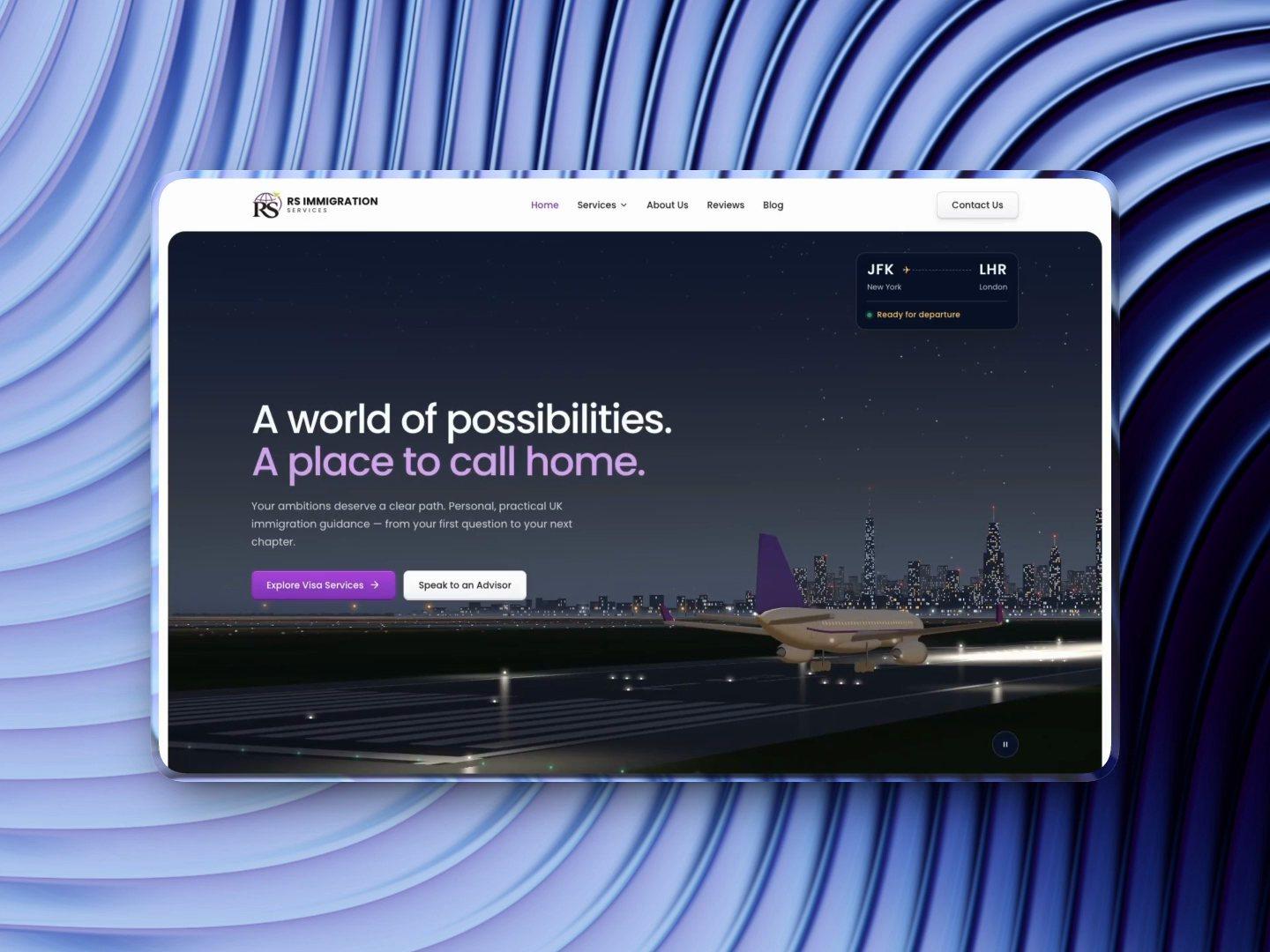 RS Immigration Services' home page in a glass frame on periwinkle swirl glass: “A world of possibilities. A place to call home.” over a night runway, where a purple-tailed plane waits to take off