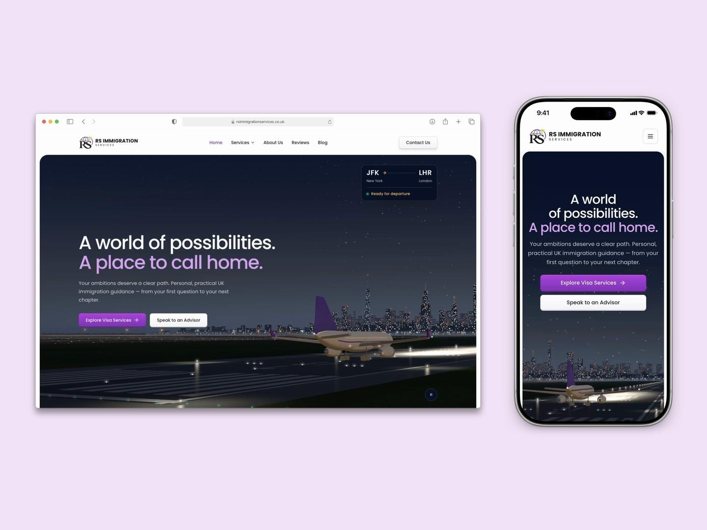 RS Immigration Services' site in a desktop browser and on a phone: “A world of possibilities. A place to call home.” over a night runway, where a purple-tailed plane takes off and climbs into a sunrise above the clouds