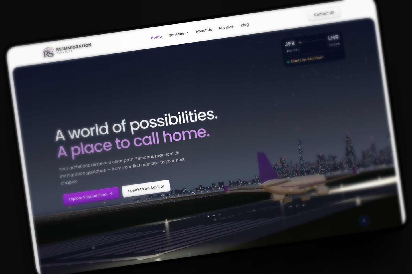 RS Immigration Services' home page tilted in 3D on a dark ground: “A world of possibilities.” over a night runway and a city skyline