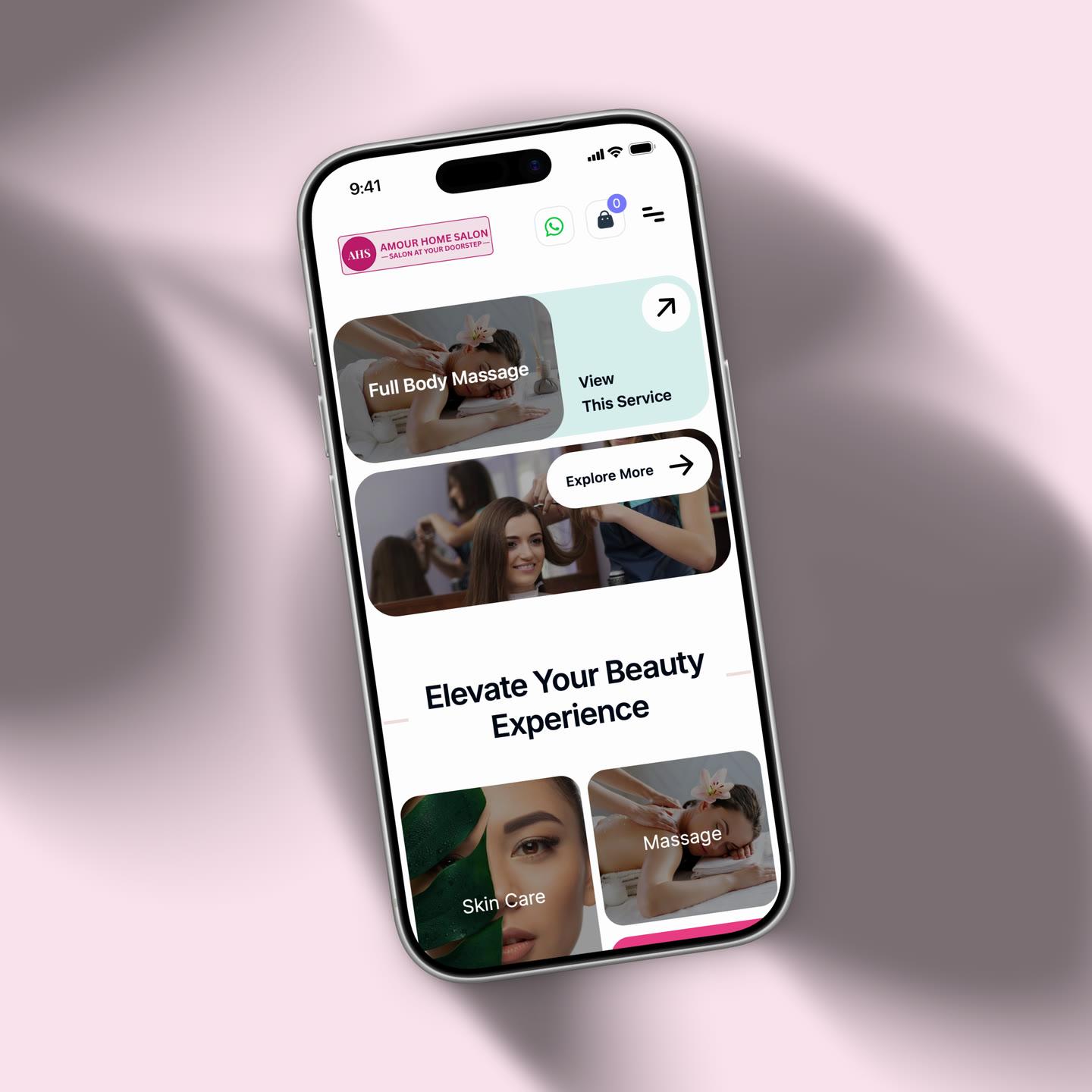Amour Home Salon's site on an iPhone, lying in leaf shadows on a blush ground