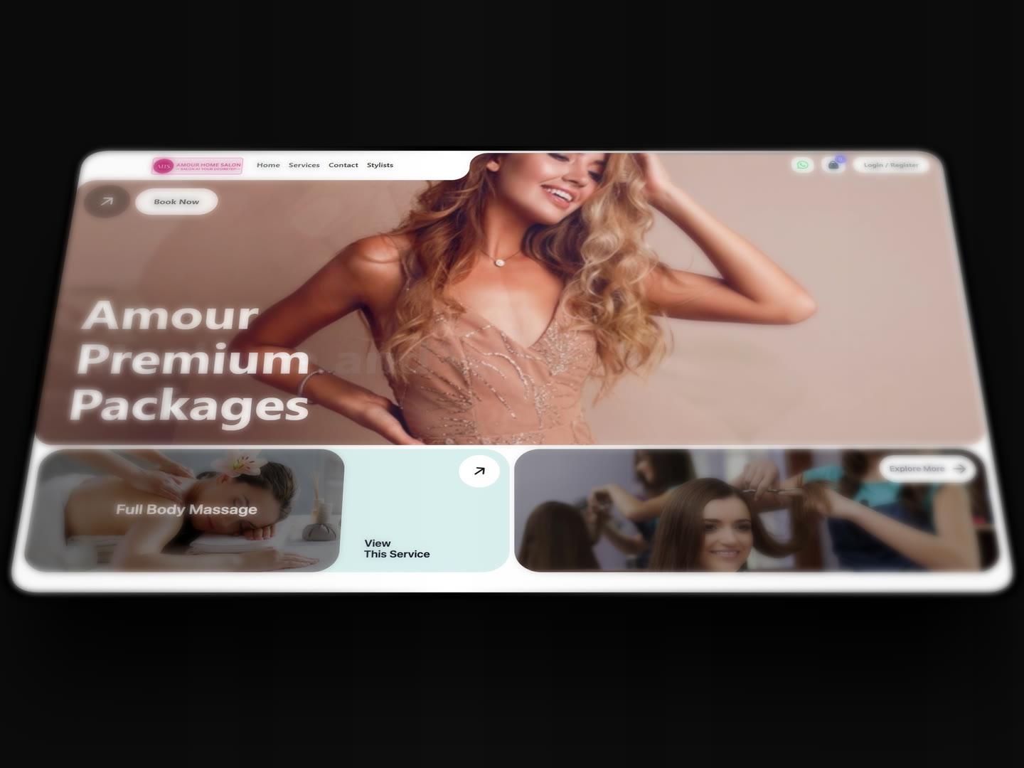 Amour Home Salon's home page in perspective on a dark ground: the Amour Premium Packages hero