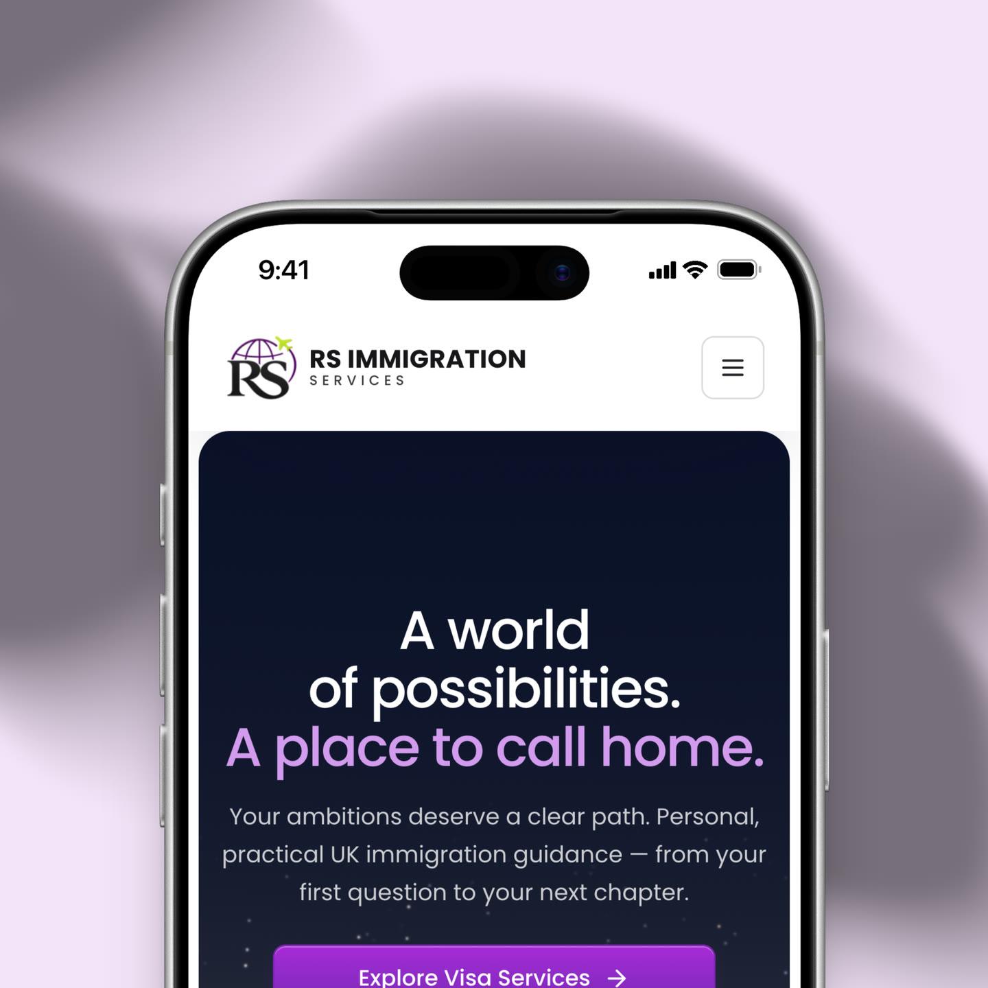 Close-up of RS Immigration Services' site on an iPhone: “A world of possibilities. A place to call home.” on a starry night sky