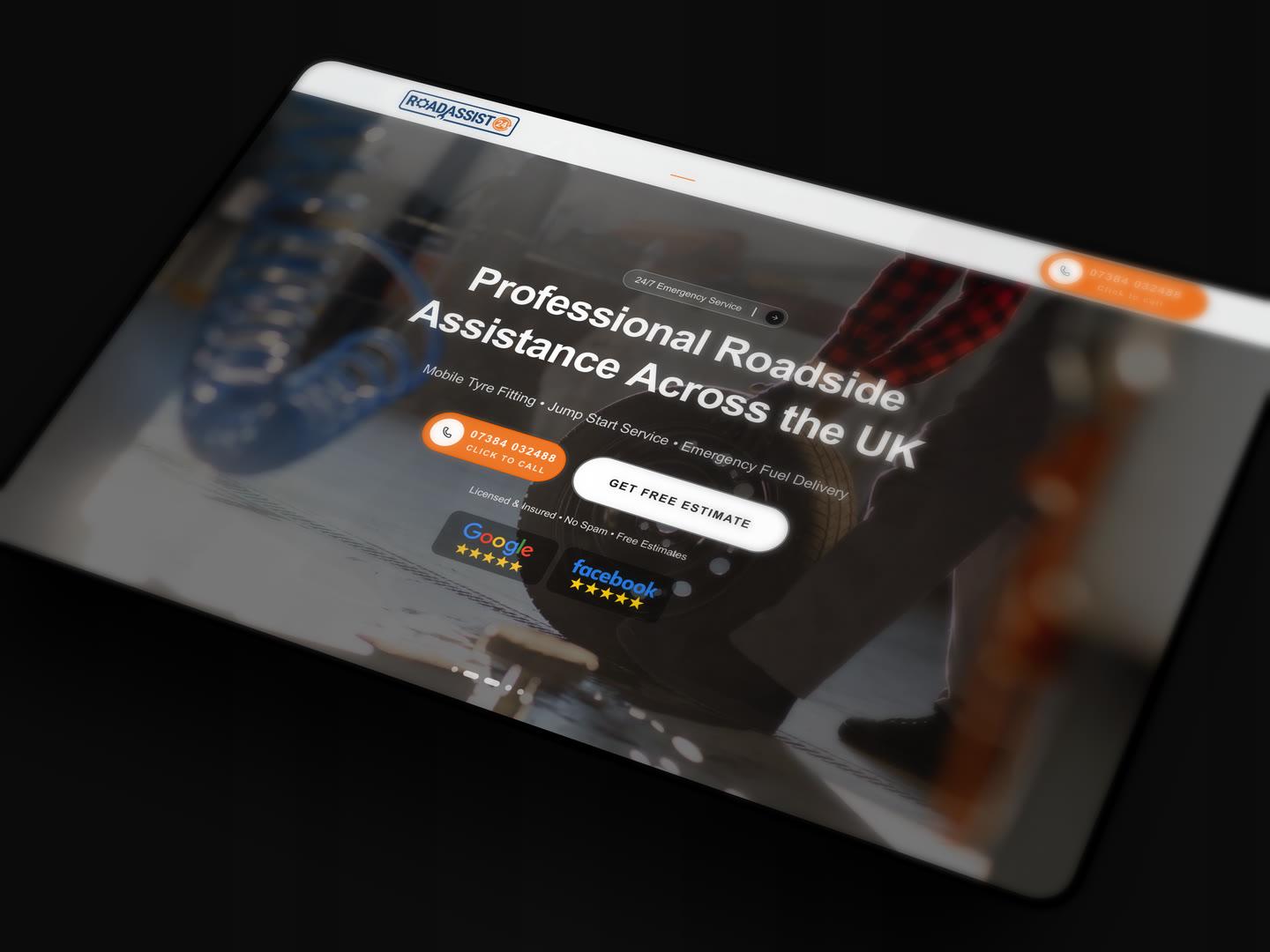 RoadAssist 24's home page in steep perspective on a dark ground